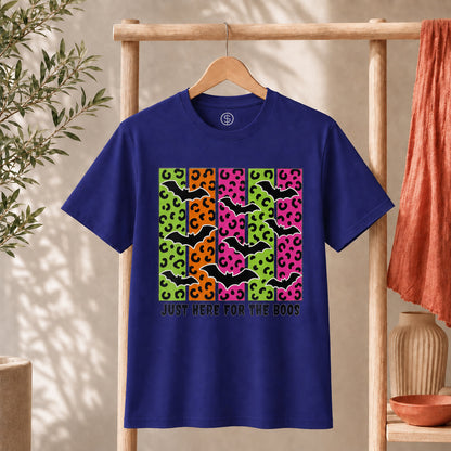 Spooky Bats Graphic Tee featuring bright colors and bats design, text 'Just Here for the Boos' for Halloween
