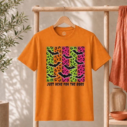 Spooky Bats Graphic Tee featuring colorful bats and the phrase 'Just Here for the Boos' on an orange t-shirt