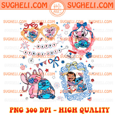 Stitch And Friends Happy 4th Of July Coquette Bow Png