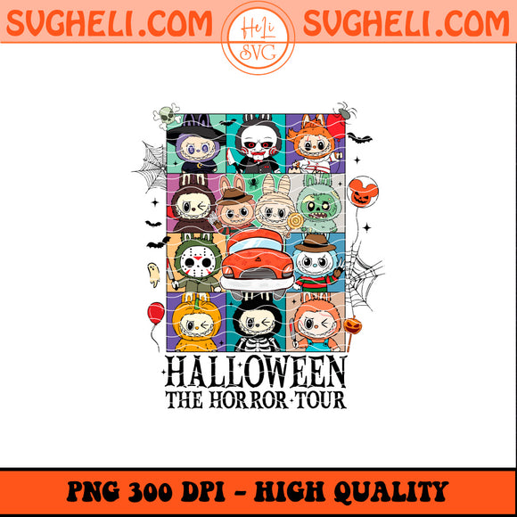 The Horror Tour Labubu Png design featuring colorful Halloween characters in PNG format, high quality 300 DPI, transparent background.