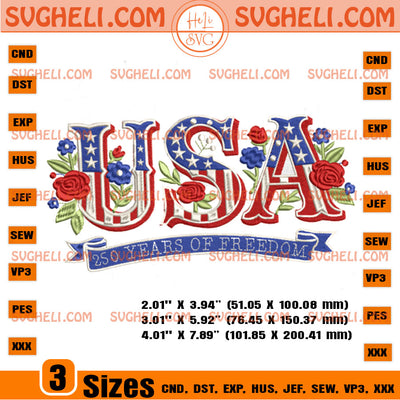 USA 250 Years of Freedom Flag Lettering Embroidery Design