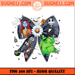 Vintage Nightmare Before Christmas Coquette Png featuring characters in a colorful bow design with 300 DPI quality.