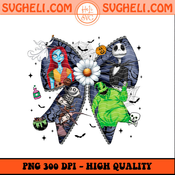 Vintage Nightmare Before Christmas Coquette Png featuring characters in a colorful bow design with 300 DPI quality.