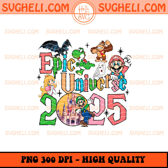 Vintage Retro Epic Universe 2025 Studios Png featuring colorful characters and elements for high-quality designs.