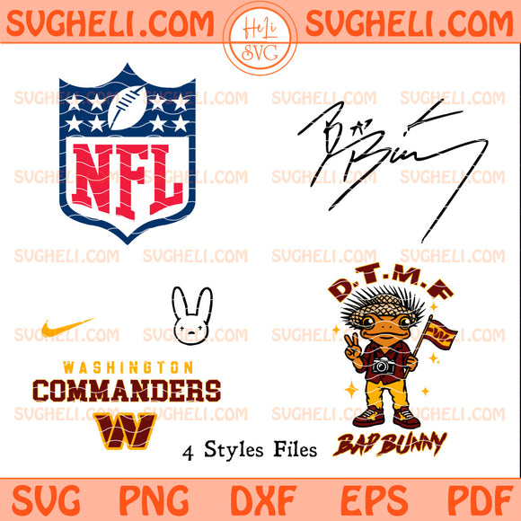 Washington Commanders NFL Bad Bunny Svg design featuring NFL logo, Bad Bunny signature, and multiple styles.