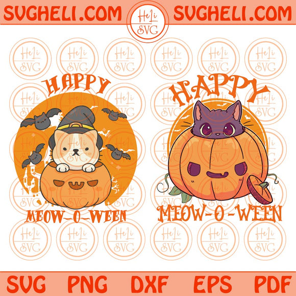 Witch Cat with Pumkin Halloween Svg Happy Meow-o-ween Cat Svg Png Dxf Eps 2 styles Files