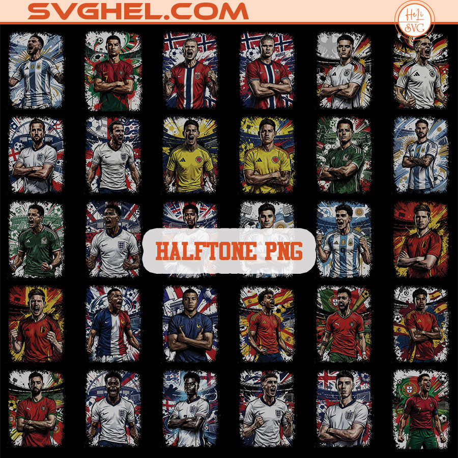 World Cup 2026 Halftone PNG Bundle featuring players' portraits in halftone style on a colorful background