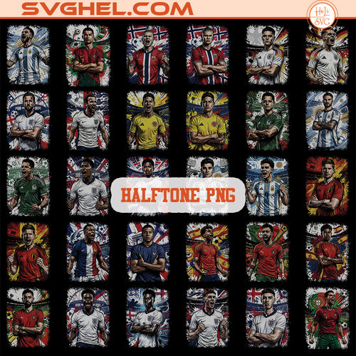 World Cup 2026 Halftone PNG Bundle featuring players' portraits in halftone style on a colorful background