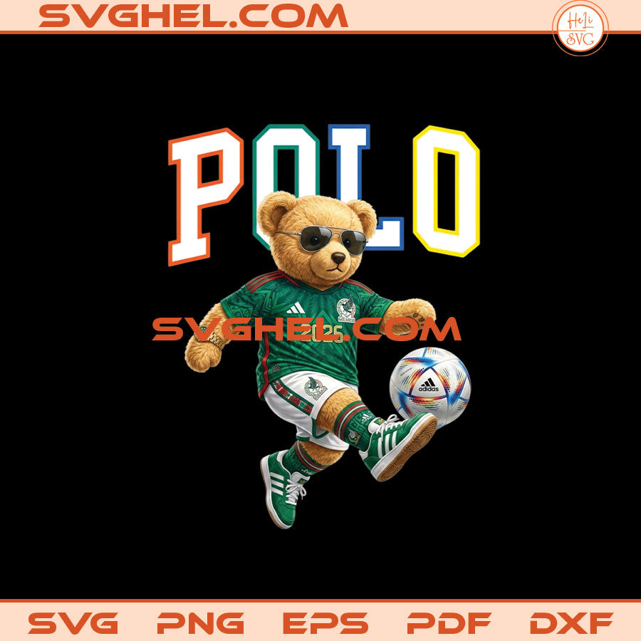 World Cup 2026 PNG Bundle Soccer World Cup 2026 Png Bundle Polo bear in green soccer jersey dribbling ball, vibrant colors against black background, fun sports graphic design.
