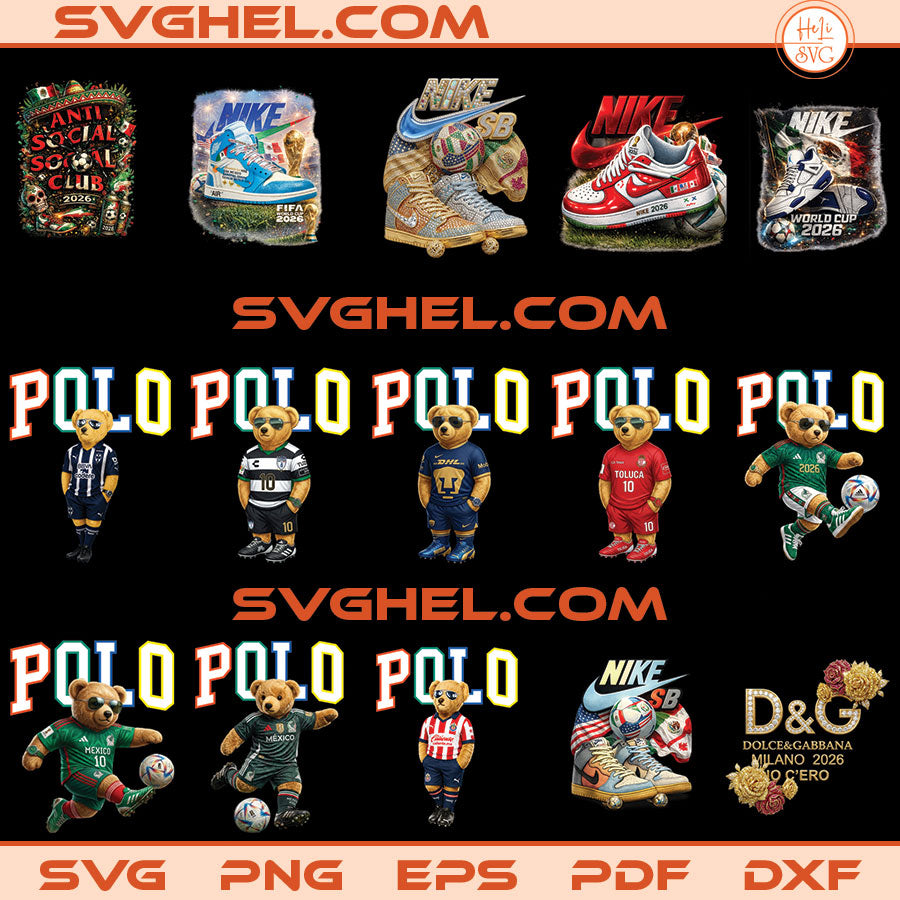 World Cup 2026 PNG Bundle featuring soccer-themed bear designs and Nike sneakers in vibrant colors.