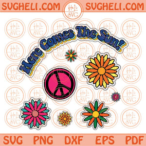 Here Comes The Sun Svg Retro Groovy Peace Daisy Flower Svg Png Design Dxf Eps Files